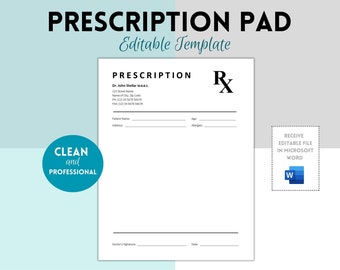 Prescription Pad Template, Rx Prescription Notepad Template, Prescription Form, Doctor Prescription Sheet, Microsoft Word Template
