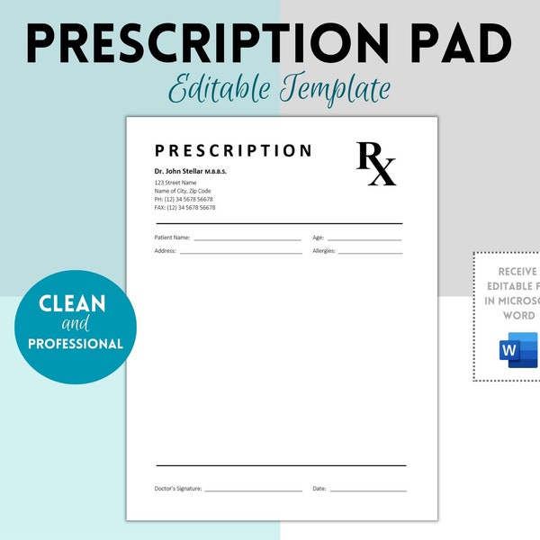 Prescription Pad Template, Rx Prescription Notepad Template, Prescription Form, Doctor Prescription Sheet, Microsoft Word Template