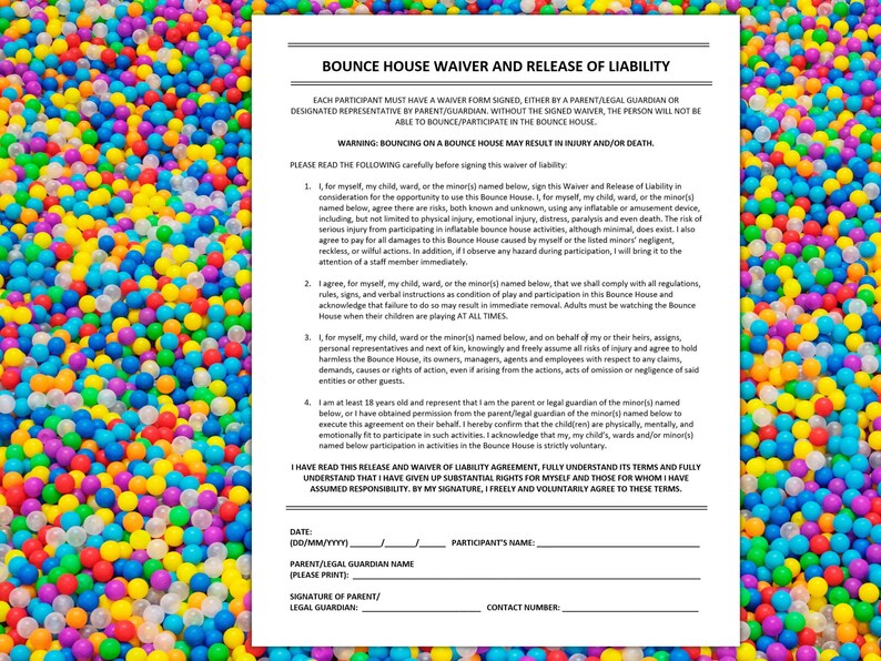 Inflatable Bounce House Rental Agreement, Bounce House Waiver of Liability Form, Jumper Rental