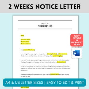 Plantilla de carta de renuncia con preaviso de dos semanas, carta de renuncia laboral con preaviso de dos semanas, carta de renuncia laboral, carta de preaviso, plantilla editable simple