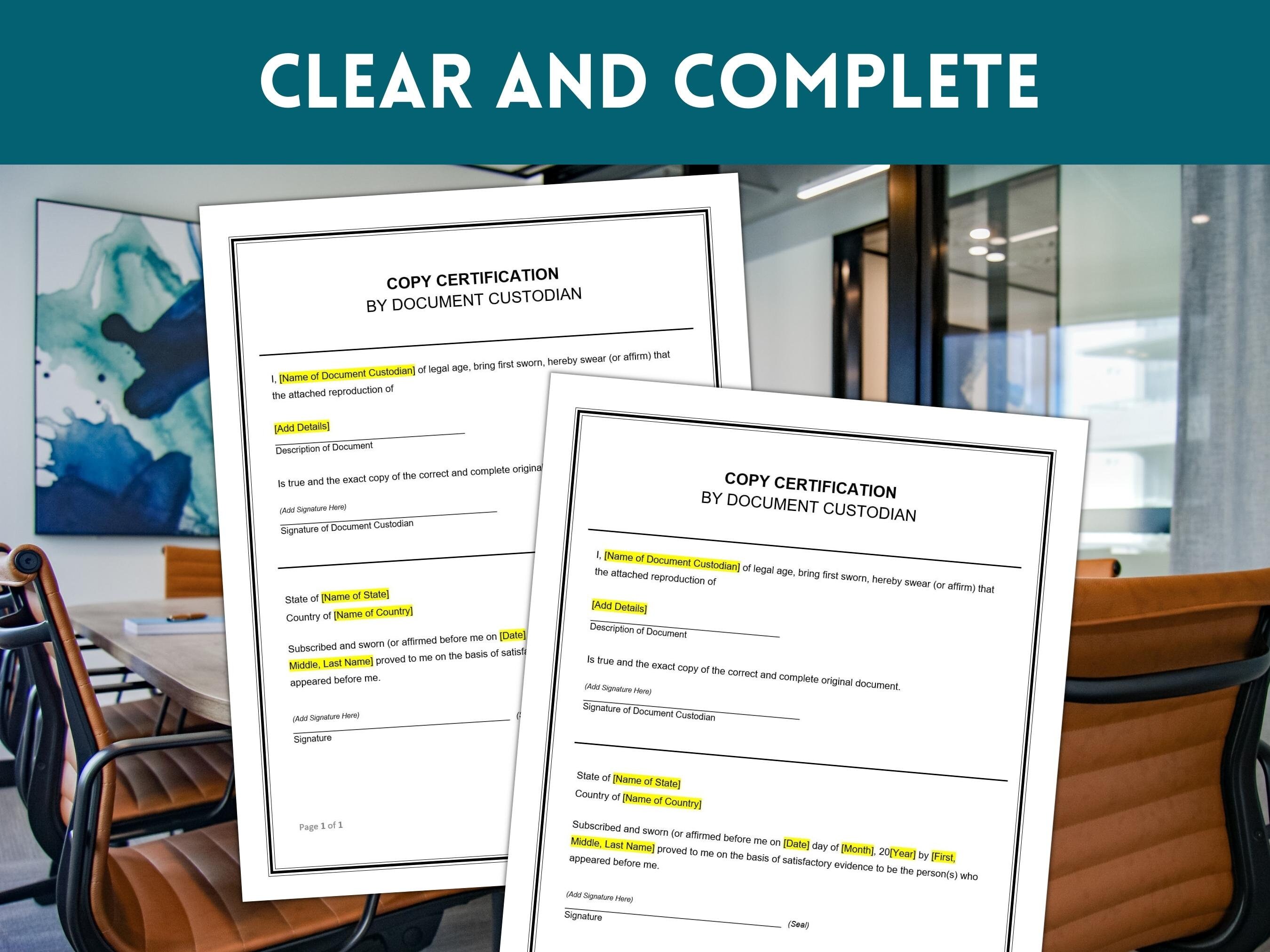 Copy Certification by Document Custodian, Certification Acknowledgement ...