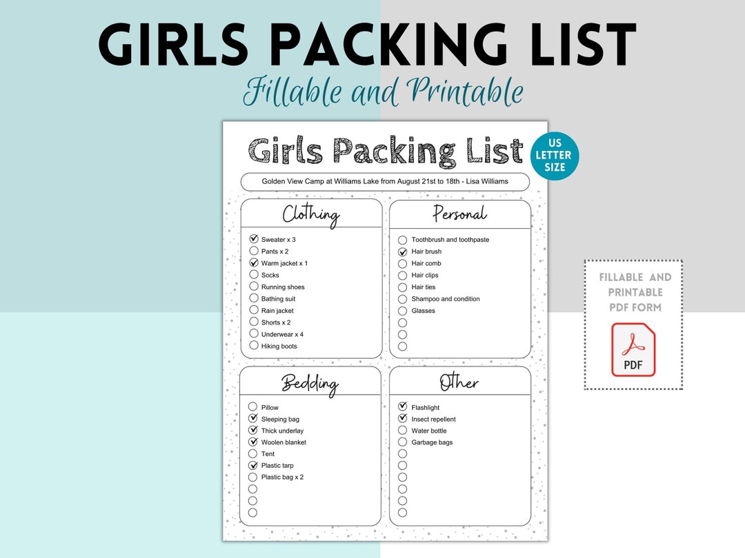Editable Girls Camp Packing List, Girls Camping Packing Checklist, Girl