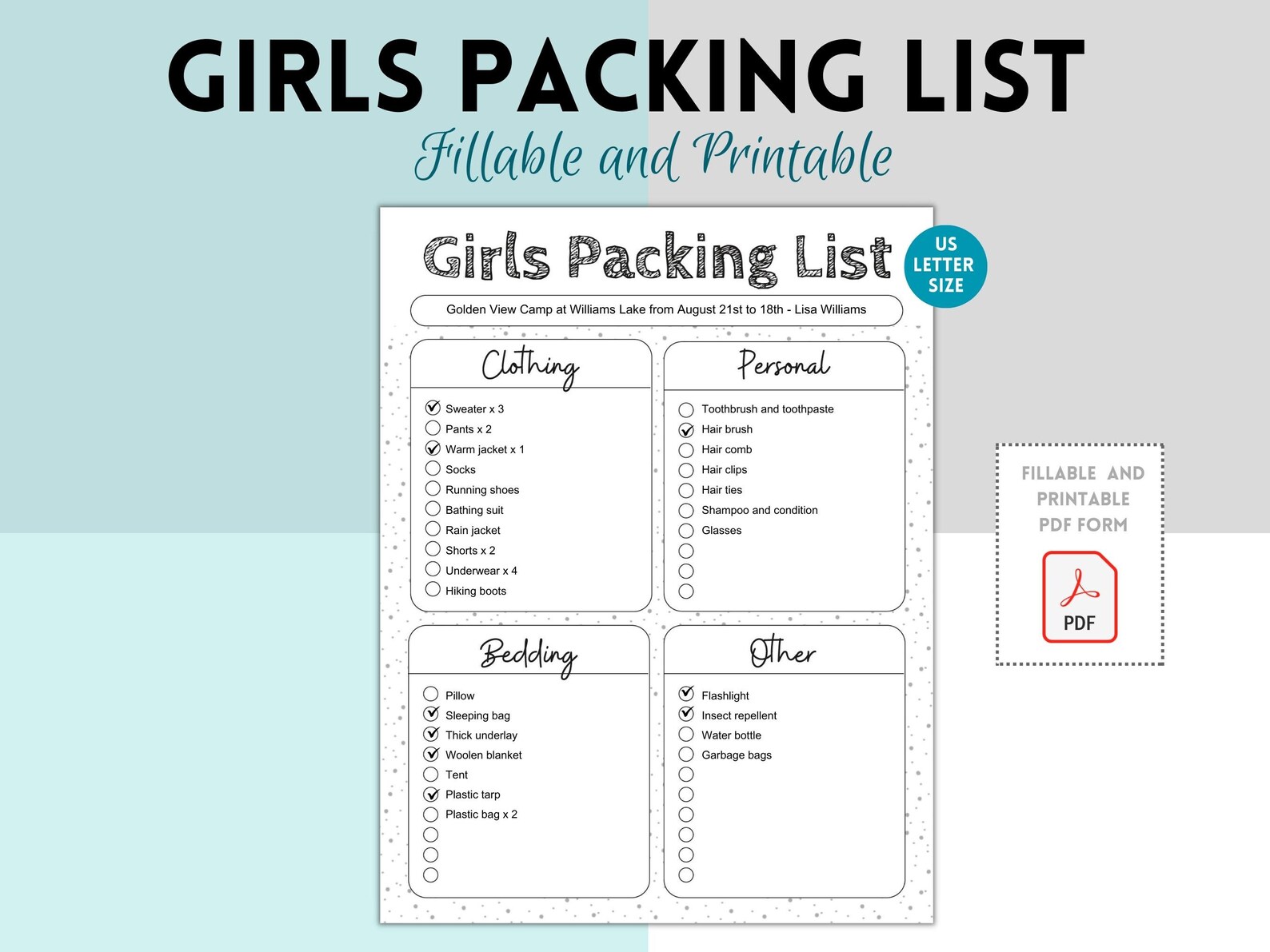 Editable Girls Camp Packing List, Girls Camping Packing Checklist, Girl