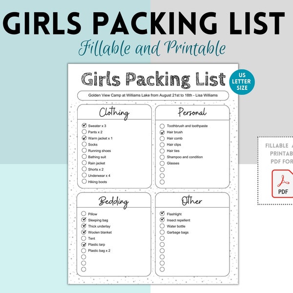 Editable Girls Camp Packing List, Girls Camping Packing Checklist, Girl Scouts, Kids Camping List