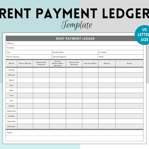 Rent Payment Ledger, Rental Payment Tracker, Monthly Rent Payment Tracker, Tenant ledger, Fillable PDF