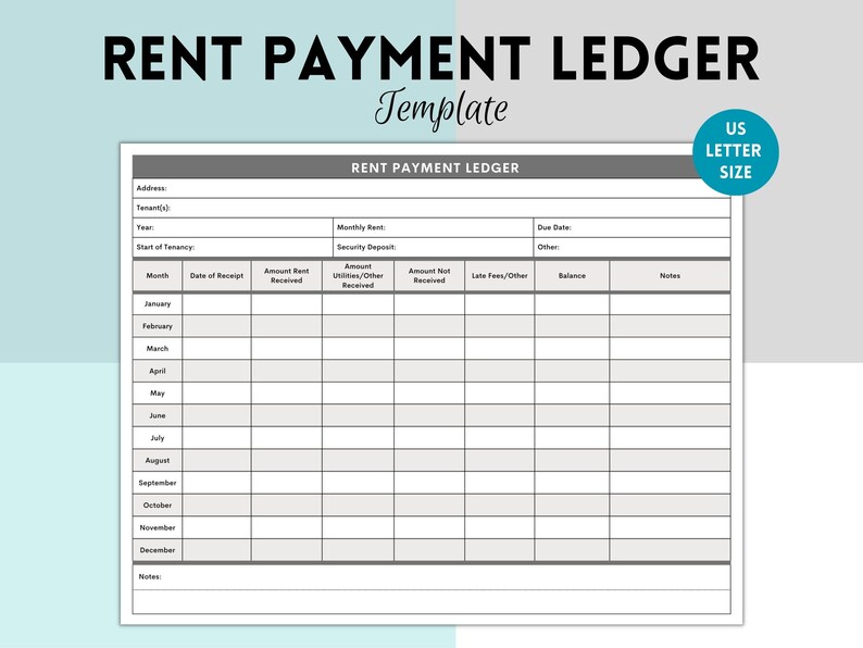 Rent Payment Ledger, Rental Payment Tracker, Monthly Rent Payment