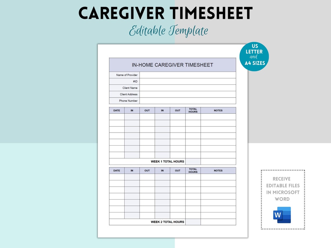 Editable Caregiver Timesheet, Home Health Care Time Sheet, Caregiver Editable Caregiver Timesheet, Home Health Care Time Sheet, Caregiver