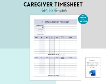 Printable Caregiver Timesheet, Home Health Care Time Sheet, Caregiver ...