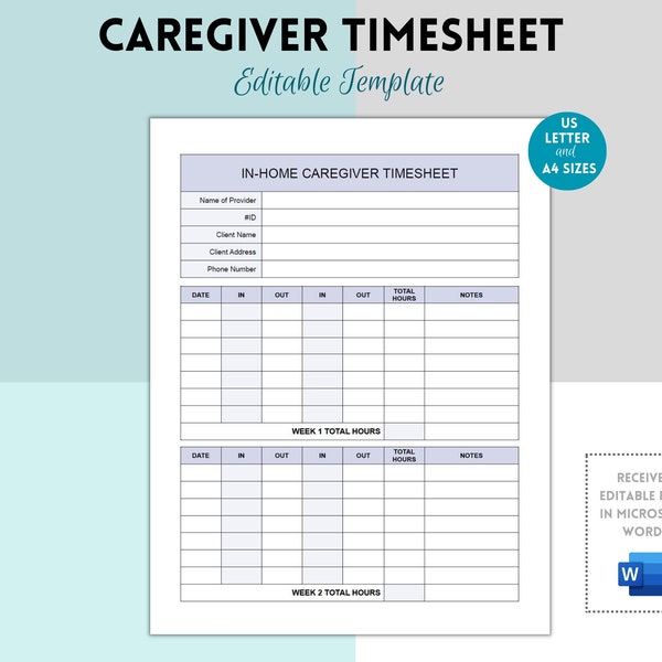 Editable Caregiver Timesheet, Home Health Care Time Sheet, Caregiver Schedule, Caregiver Hours, Home Care Shift, Microsoft Word, Biweekly