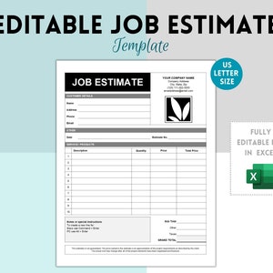 Job Estimate Template, Printable Job Estimate Template, Editable EXCEL Construction Bid, Contractor Proposal, Contractor Estimate
