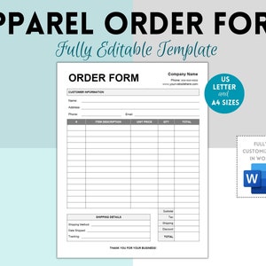 Apparel Order form, Editable clothing order form, T shirt order form, Hat order template