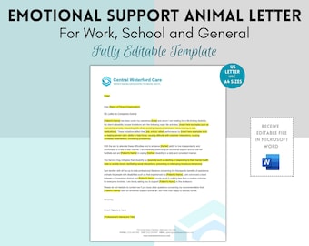 Editable Sample letter for Service Animal, Emotional Support Animal Letter Request, Companion Animal in Work, ESA Letter Request