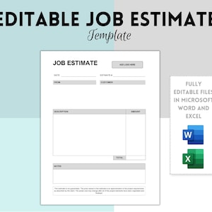 Job Estimate, Excel and Microsoft Word, Contractor Estimate, Job Estimate Template, Job Estimate, Excel and Word ,Quote