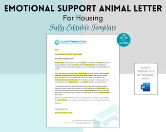 Editable Letter for Companion Animal, Emotional Support Animal Housing Letter Request, Editable ESA Request Letter, Service Animal Request