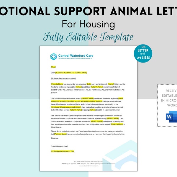 Editable Sample letter for Companion Animal, Emotional Support Animal Housing Letter Request, Editable Request Letter, Simple Letter