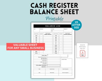 Cash Register Balance Sheet, Till Drawer Balance Log, Cash Drawer Reconciliation Sheet, Sales Till Report, Daily Cash Breakdown Template