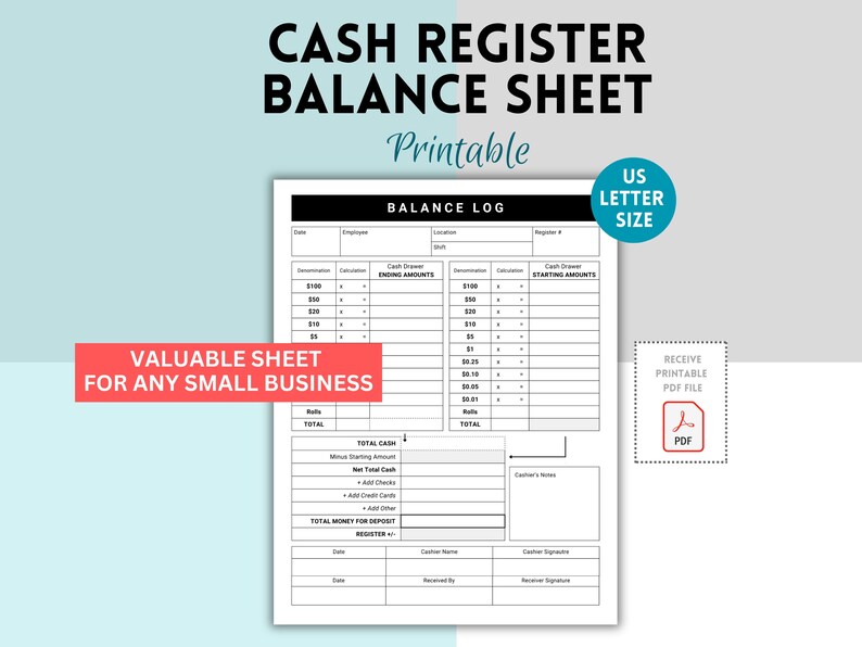 Cash Register Balance Sheet, Till Drawer Balance Log, Cash Drawer ...