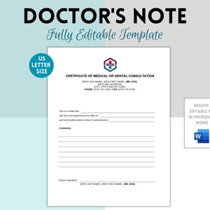 Nota del médico, Nota del dentista, Carta del médico, Carta del dentista, Certificado médico, Trabajo, Escuela, Editable, Descarga instantánea