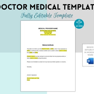 Nota del médico, Carta del médico, Certificado médico, Carta de excusa médica imprimible para ausencia laboral o escolar, Carta profesional