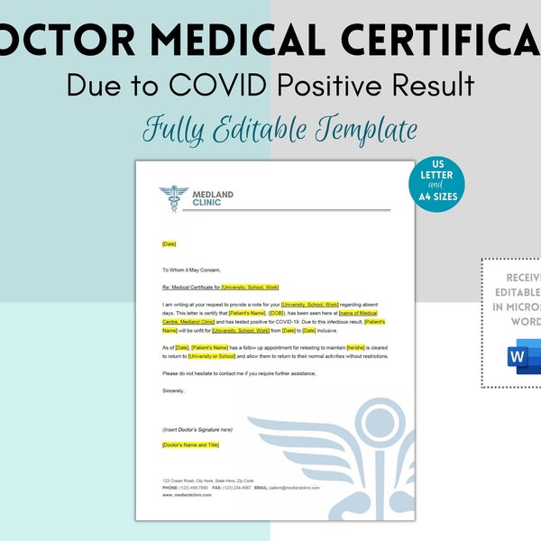 Doctor's Note, Doctor's Letter, Medical Certificate, Printable Medical Excuse Letter for Work or School Absence, Sickness Due to COVID