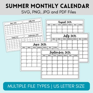 2025 School Summer Holiday Planner Calendar, June July August September 2025 Printable Calendar, Jpg Png Pdf Svg Monthly Organizer Files