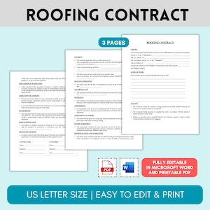 Editable Roofing Contract Template, Roofing Service Contract, Roofing Repair Business Contract, Professional Contractor Proposal Agreement