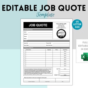Job Estimate Template, Printable Job Estimate Template, Editable EXCEL Construction Bid, Contractor Proposal, Contractor Estimate