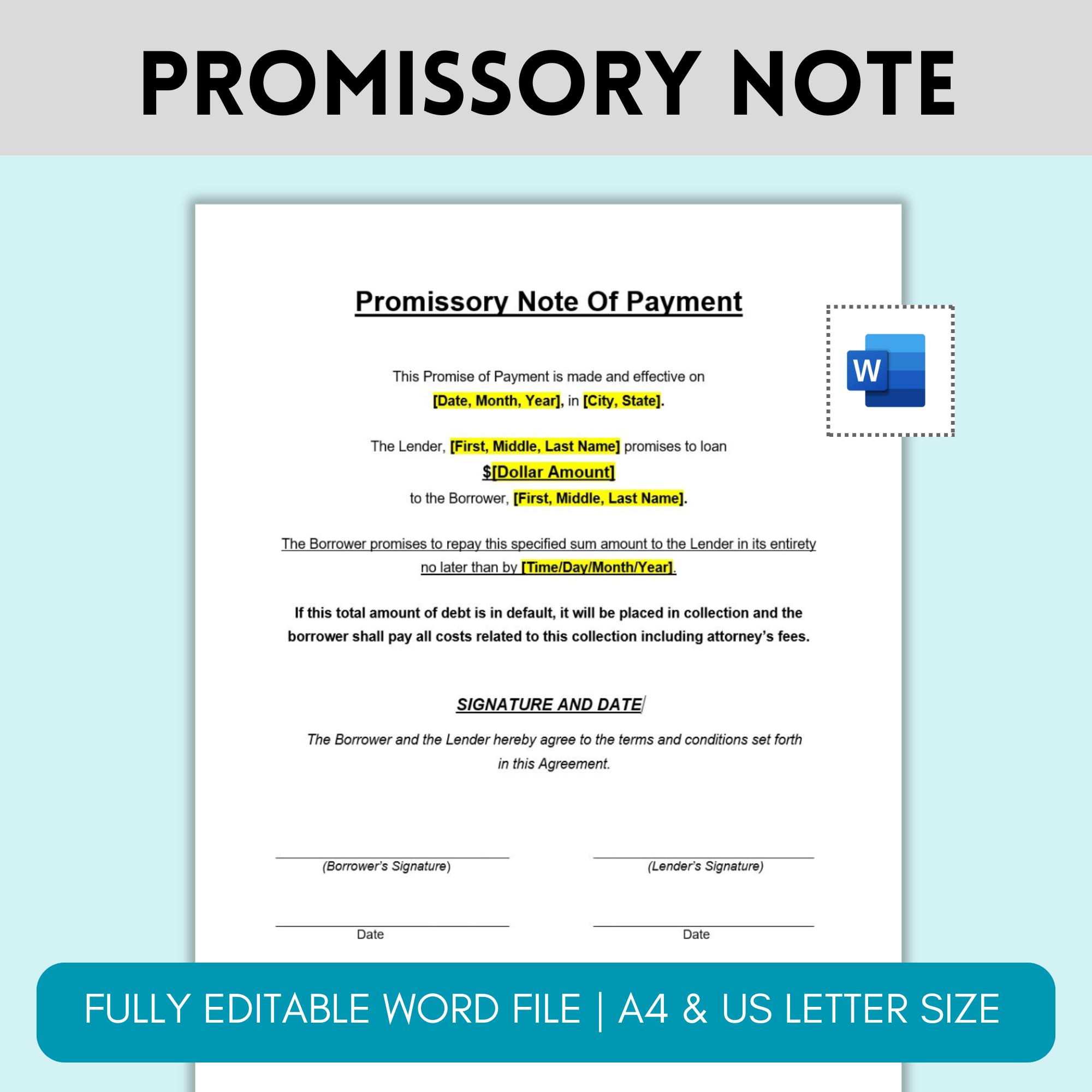 Promissory Note, Editable Promissory Note for Payment, Simple Personal Loan Agreement Template, Personal Loan Contract, Agreement Contract