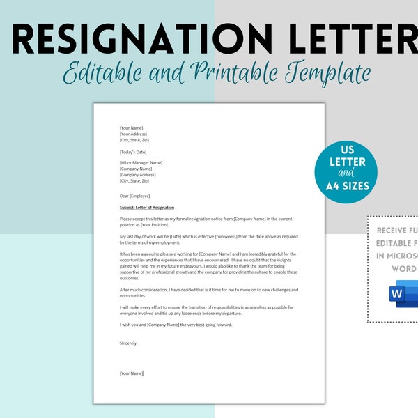 Professional resignation letter, Editable Microsoft word, Notice letter, Resign Letter, Retirement Letter