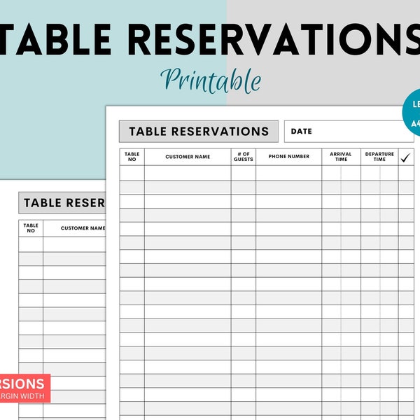 Printable Table Reservation List, Restaurant Table Reservation Form, Restaurant Reservation Sheet, Restaurant Booking