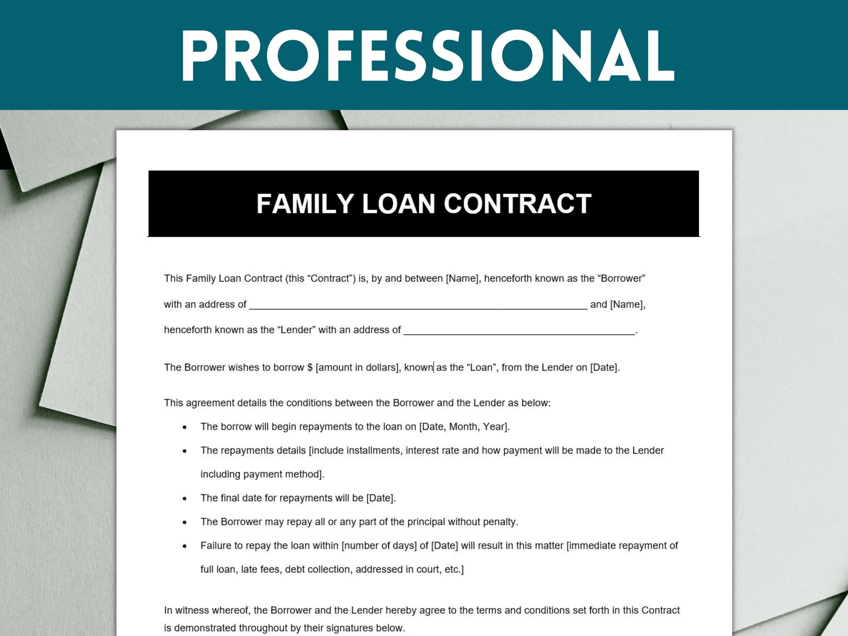 Simple Family Loan Agreement Template, Family Loan Contract, Family Loan Form, Agreement