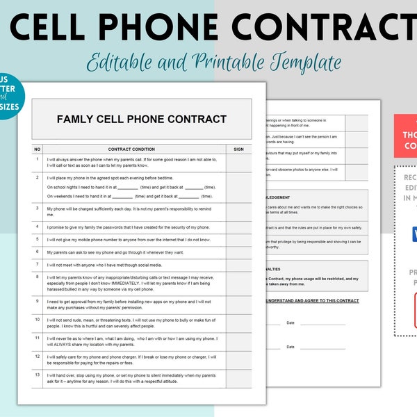 Cell Phone Contract for Teenager, Cell Phone Agreement, Phone Contract for Teens, Cell Phone Rules Editable Template, Mobile Phone Rules