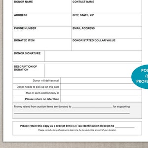 Silent Auction Donation Receipt Form, Printable for Charity Fundraising ...