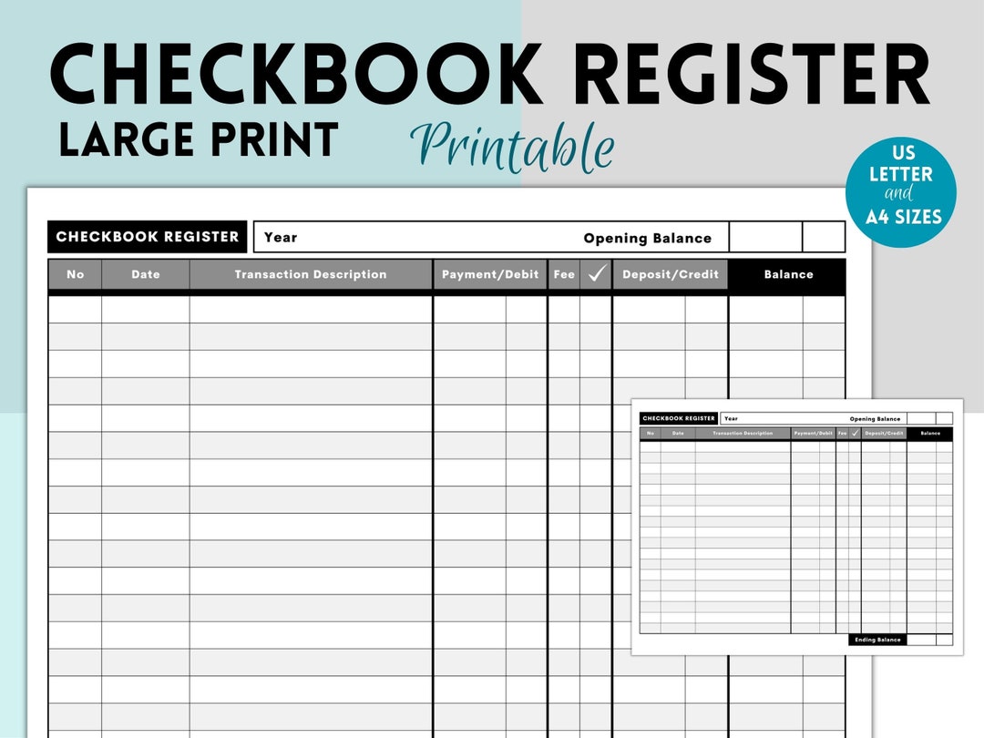 Printable Large Print Checkbook Register, Finance Tracker, Check