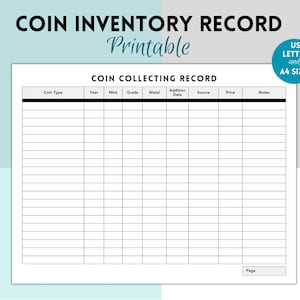 Coin Collection Record, Coin Inventory Log, Coin Collection, Collectible Coin Inventory Log, Coin Collecting, Coin Collector, Coin Form