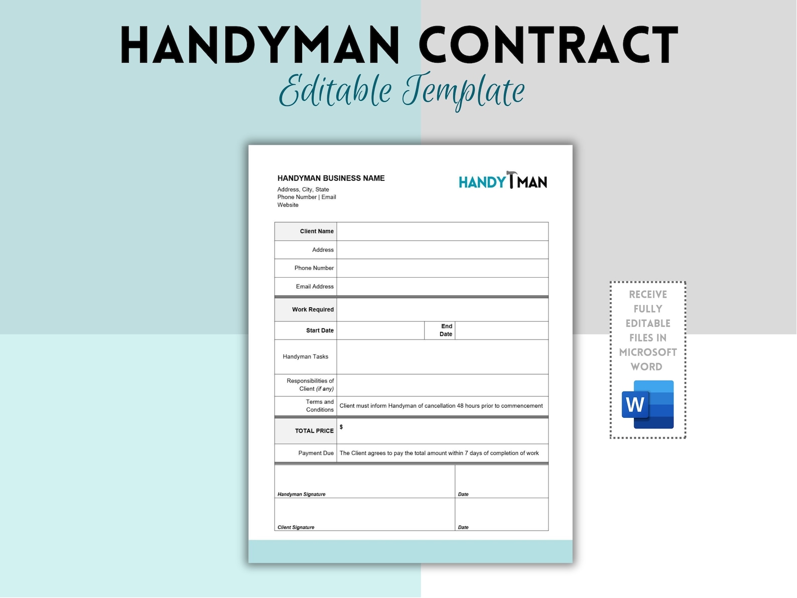 Handyman Contract Template, Handyman Service Agreement, Handyman Form Handyman Contract Template, Handyman Service Agreement, Handyman Form