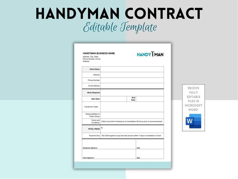 Handyman Contract Template, Handyman Service Agreement, Handyman Form ...