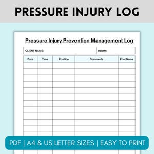 Pressure Injury Prevention Management Log, Pressure Ulcer Tracking Chart, Nurse Wound Assessment Skin and Wound Assessment Documentation