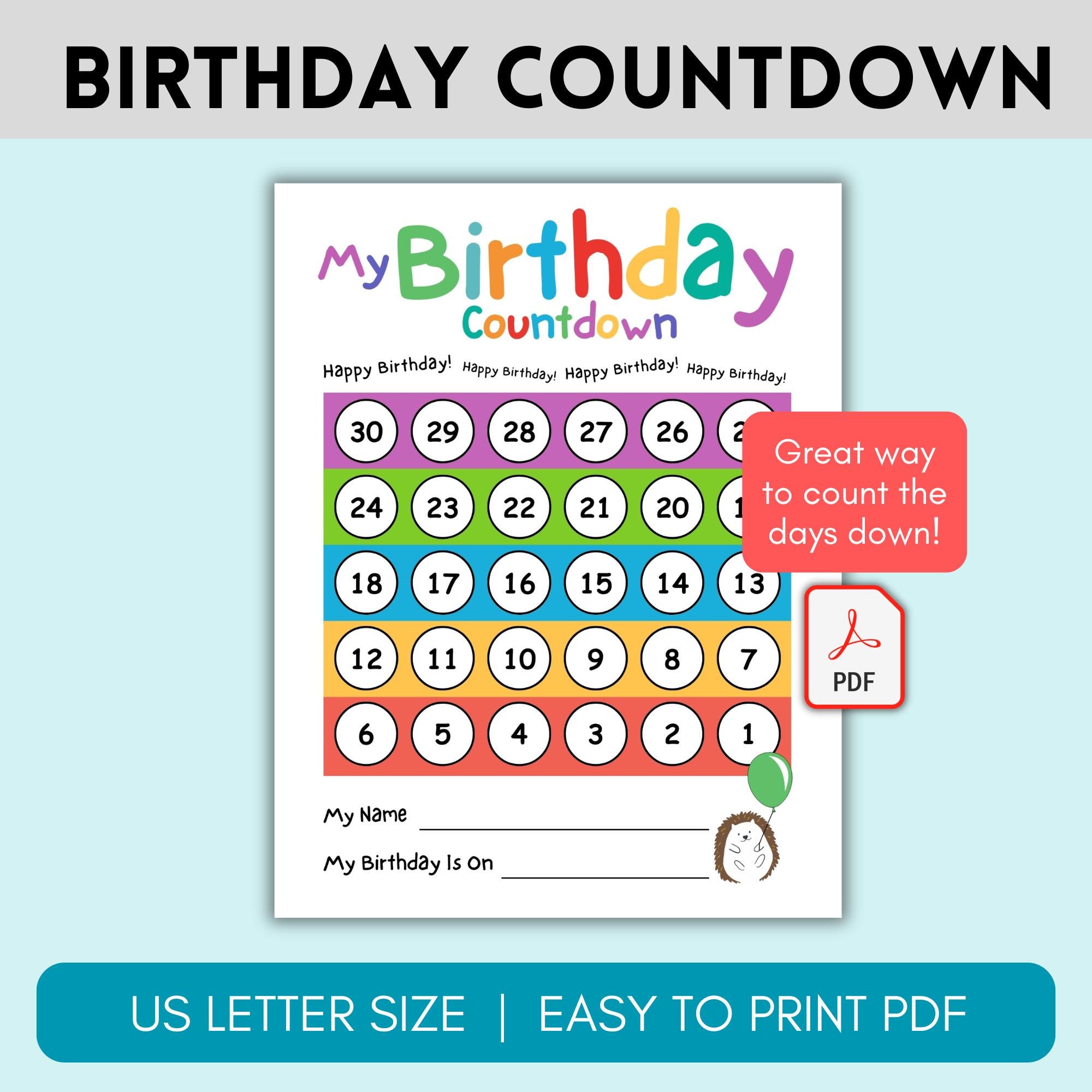 Birthday Countdown Printable Template, Kids Bday Countdown, Rainbow ...