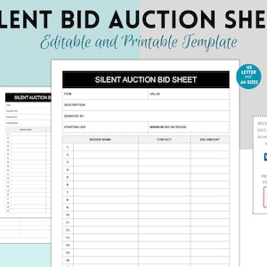 Silent Auction Bid Sheet, Silent Auction Form, Editable Silent Auction Sheet, Printable Silent Auction Bid Form, Charity Fundraising Auction