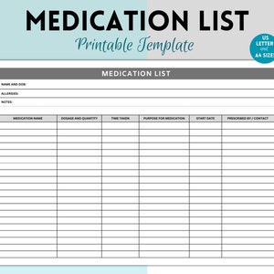 Medication tracker, medication log, medication list, Medication chart, medication sheet, medication reminder, medication printable