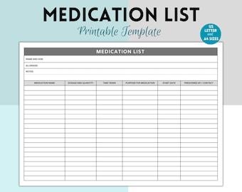 Medication tracker, medication log, medication list, Medication chart, medication sheet, medication reminder, medication printable