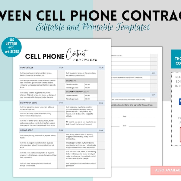 Cell Phone Contract for Tween, Cell Phone Agreement, Cell Phone Rules Template, Printable Phone Contract, Editable Cell Phone Contract