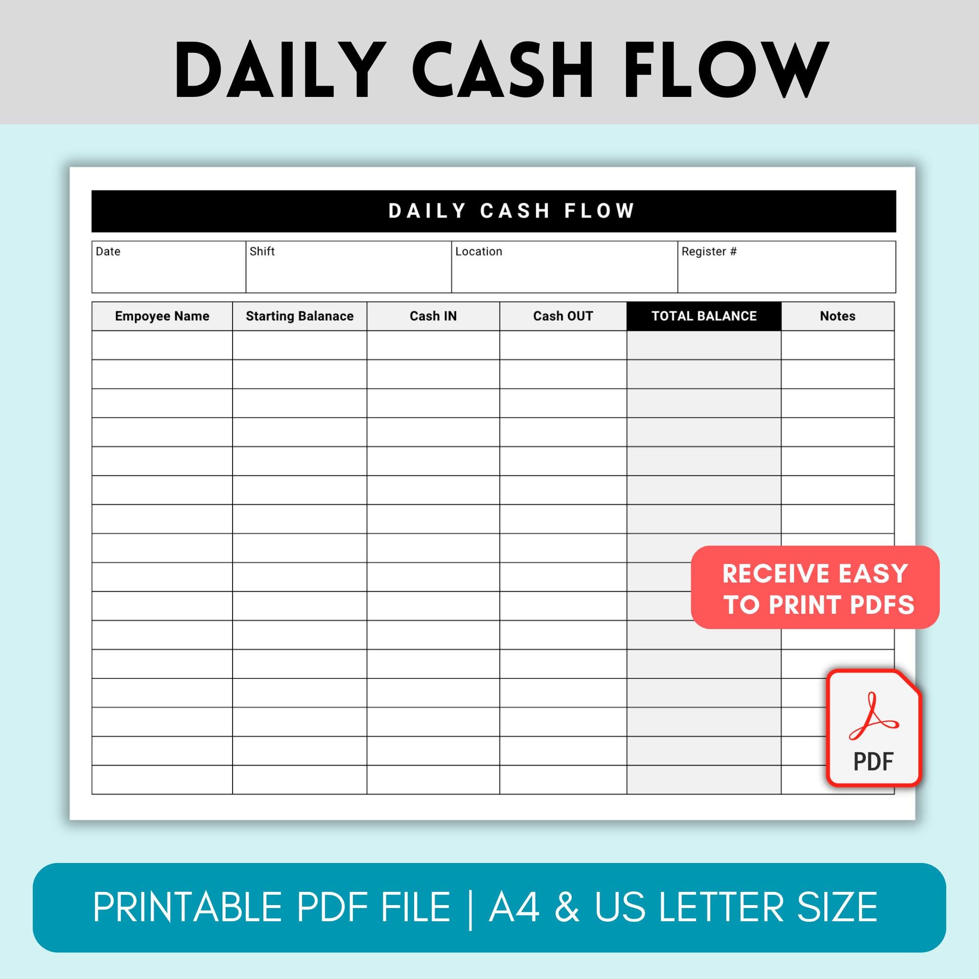 Business Daily Cash Flow, Statement Report, Cash Register In Out Closeout, Reconcile Til Balance Shift Balance Sheet Drawer Record Tracker