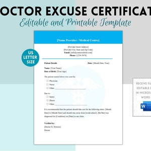 Nota del Doctor, Carta del Doctor, Certificado Médico, Trabajo, Escuela, Editable, Plantilla Digital, Descarga Instantánea, Carta Profesional