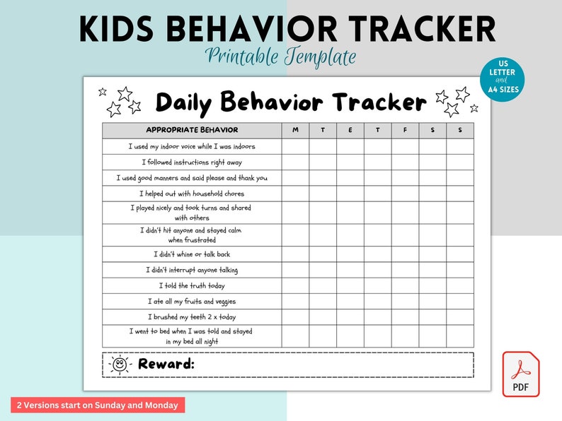 Daily Behavior Chart for Kids Printable, Good Behavior Tracking
