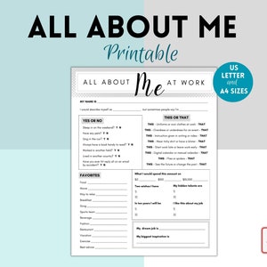 All About Me At Work, Coworker Questions Printable,  All About Me Survey,  Employee Favorite Things Survey,  Get to Know My Team Survey