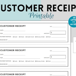 Money or Rent Receipt, Printable Receipt, Cash Receipt, Sales Receipt, Small Business Receipt