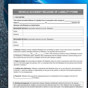 Car Accident Release of Liability Template, Vehicle Accident Release of ...