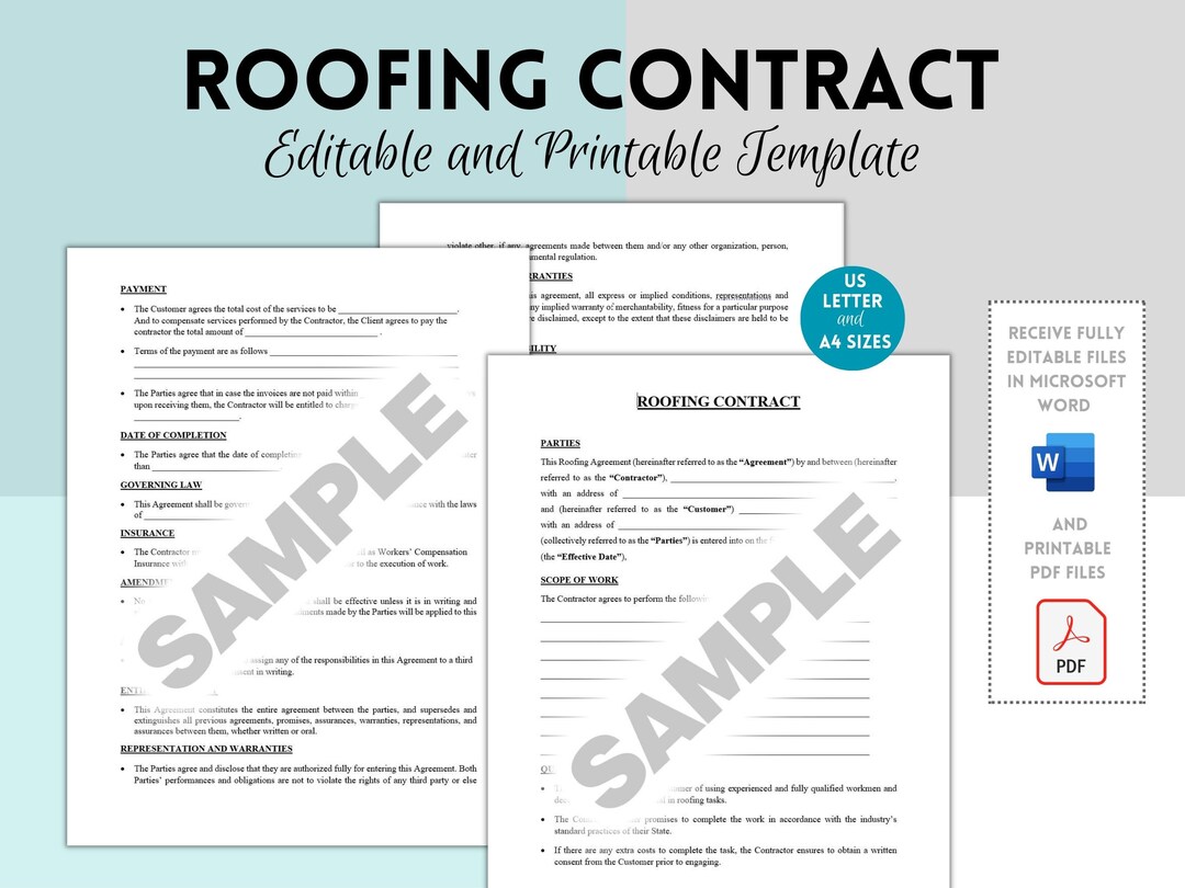Editable Roofing Contract Template. Printable PDF, Editable and